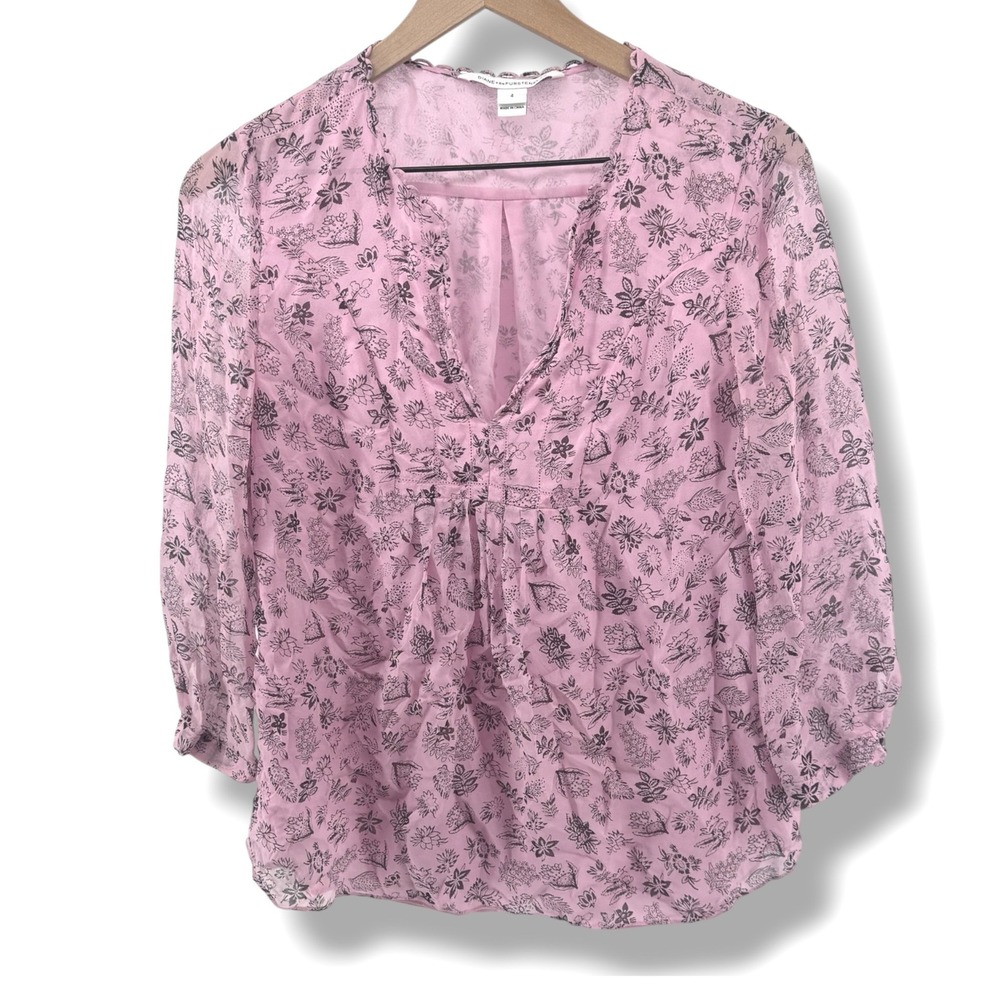 Diane von Furstenberg Blouse Womens 4 Pink Floral Silk V-Neck Boho Peasant Fairy